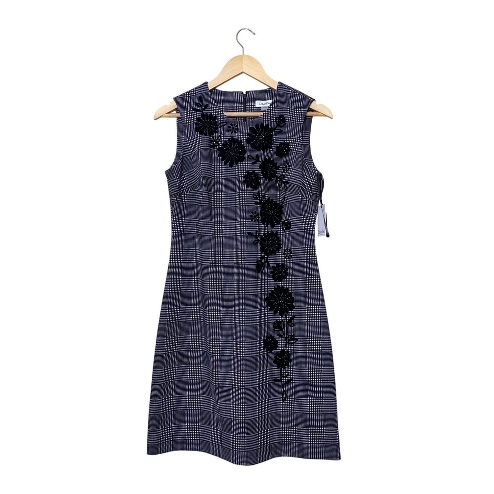 Calvin Klein Womens Glen Plaid Floral Applique Sheath Dress Black White Size 6